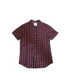 Travelers Collection Short Sleeve Button Down Shirt Blue and Red Men's M